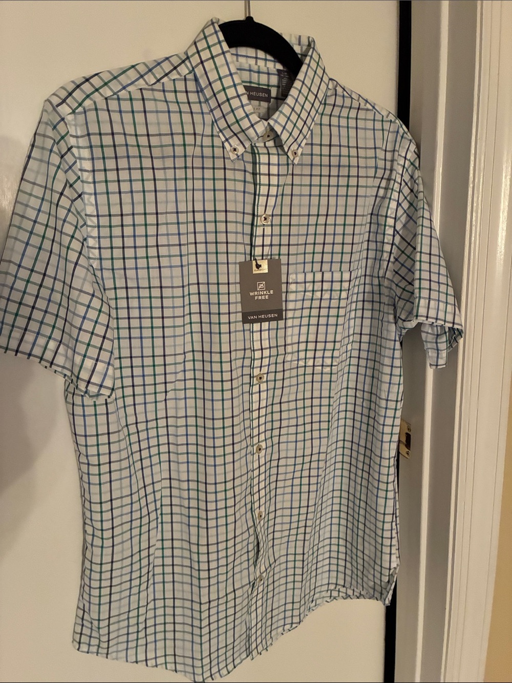 Van Heusen White Button-Down Shirt with Blue & Green Windowpane